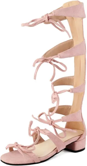Gladiator Knee High Sandals for Women Summer Low Heel Open Toe Strappy Sandals with Bow Dress Shoes