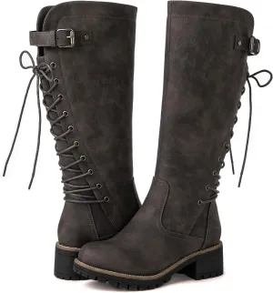GLOBALWIN Women's Lace Up Back Knee High Fashion Boots