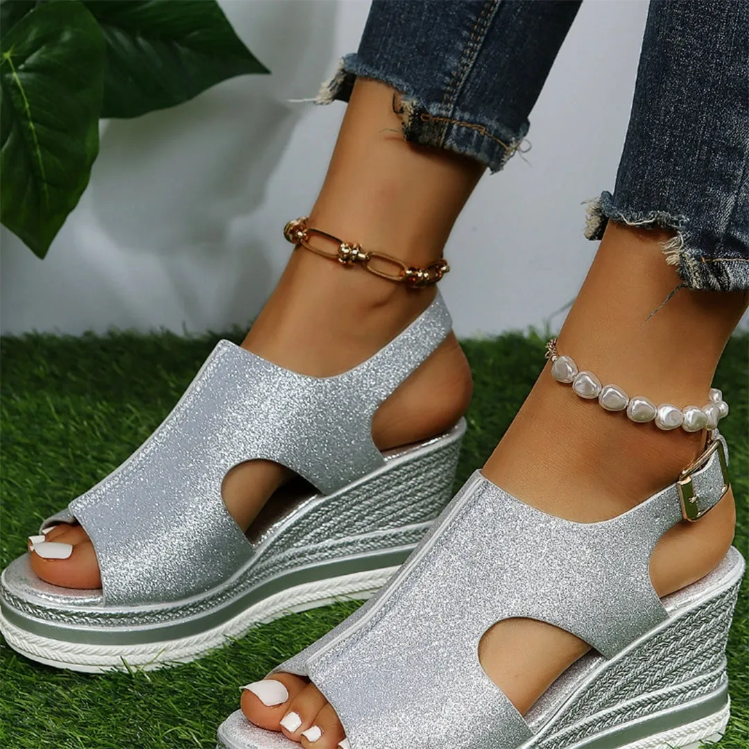 Gold Sparkle Peep Toe Wedge Sandals - Chic Summer Platform Espadrilles