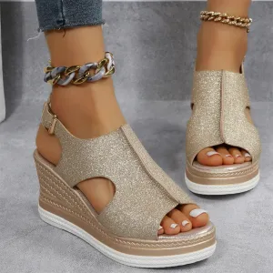 Gold Sparkle Peep Toe Wedge Sandals - Chic Summer Platform Espadrilles