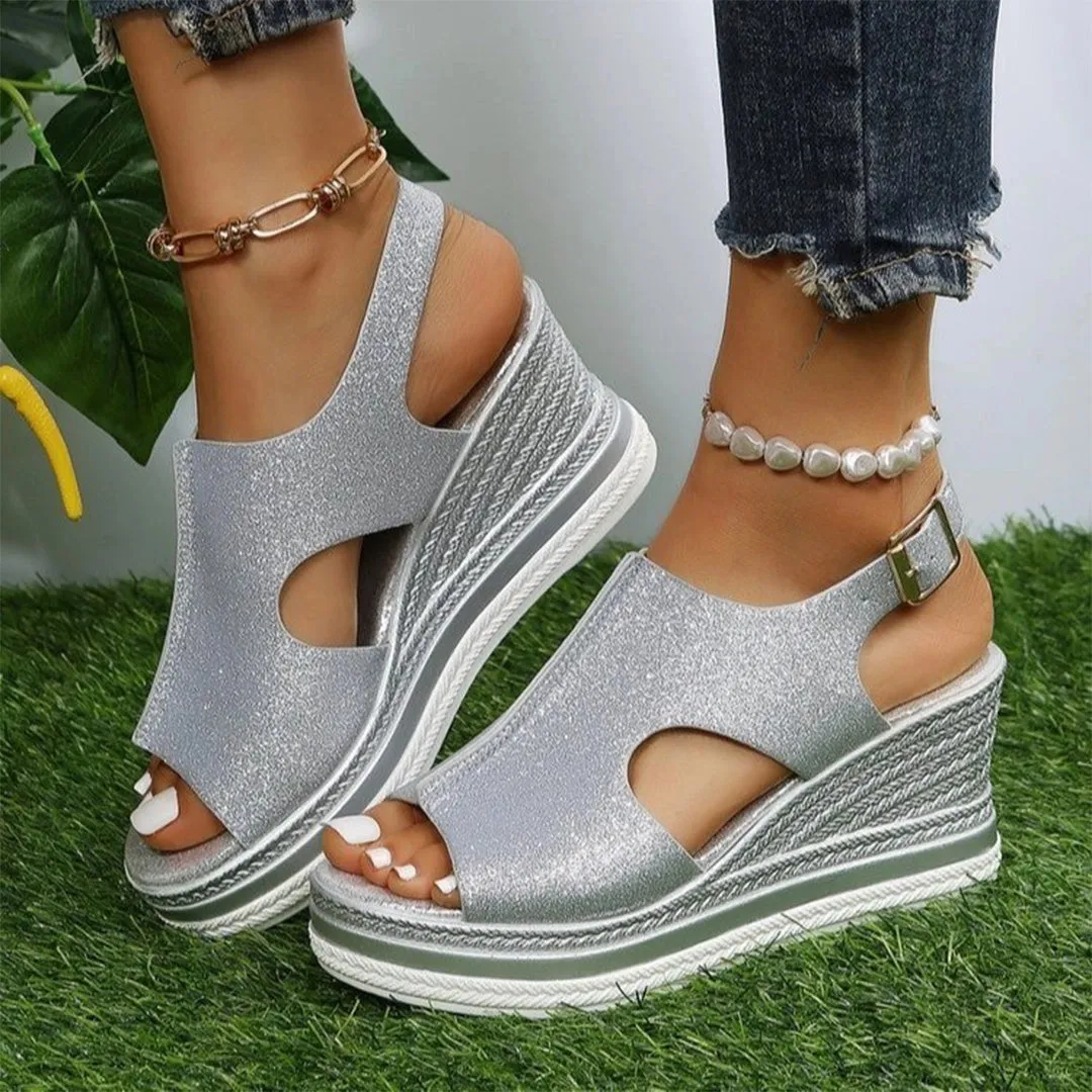 Gold Sparkle Peep Toe Wedge Sandals - Chic Summer Platform Espadrilles