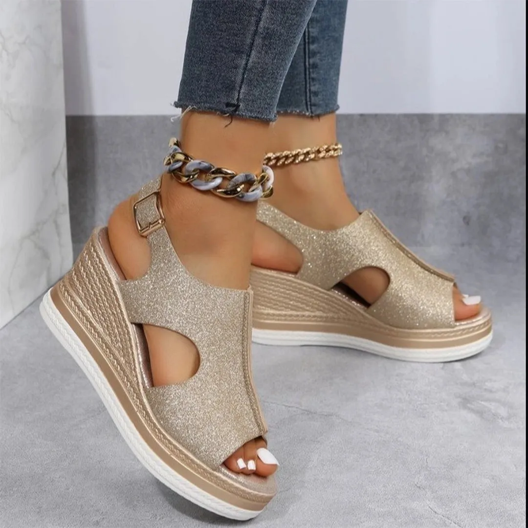 Gold Sparkle Peep Toe Wedge Sandals - Chic Summer Platform Espadrilles