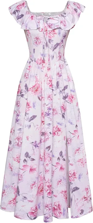 GRACE KARIN 2025 Womens Maxi Dresses Summer Off Shoulder Floral Dress Ruffle Split Beach Flowy Boho Wedding Guest Dress