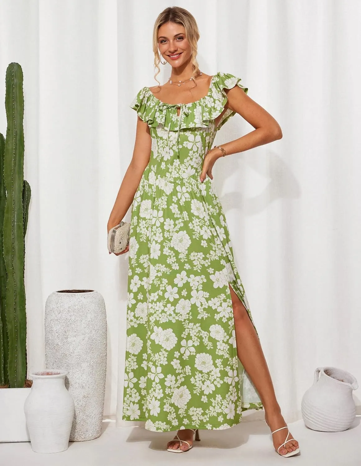 GRACE KARIN 2025 Womens Maxi Dresses Summer Off Shoulder Floral Dress Ruffle Split Beach Flowy Boho Wedding Guest Dress