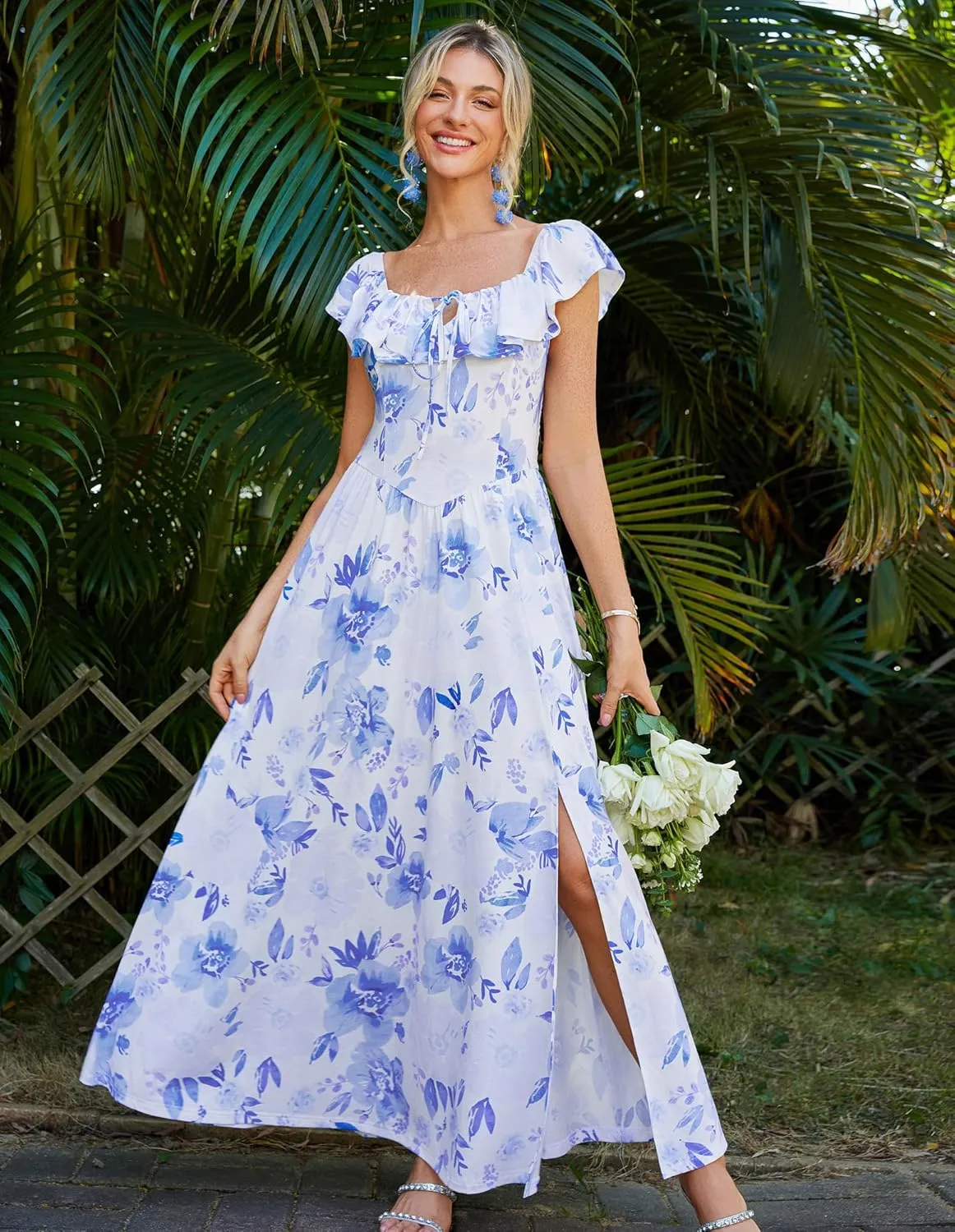 GRACE KARIN 2025 Womens Maxi Dresses Summer Off Shoulder Floral Dress Ruffle Split Beach Flowy Boho Wedding Guest Dress