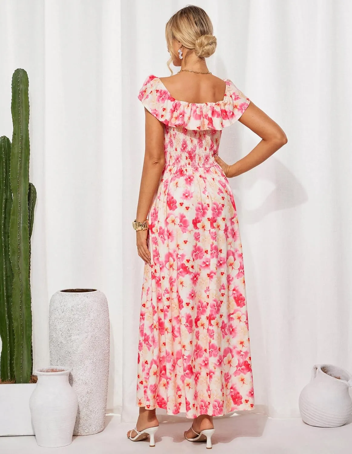 GRACE KARIN 2025 Womens Maxi Dresses Summer Off Shoulder Floral Dress Ruffle Split Beach Flowy Boho Wedding Guest Dress