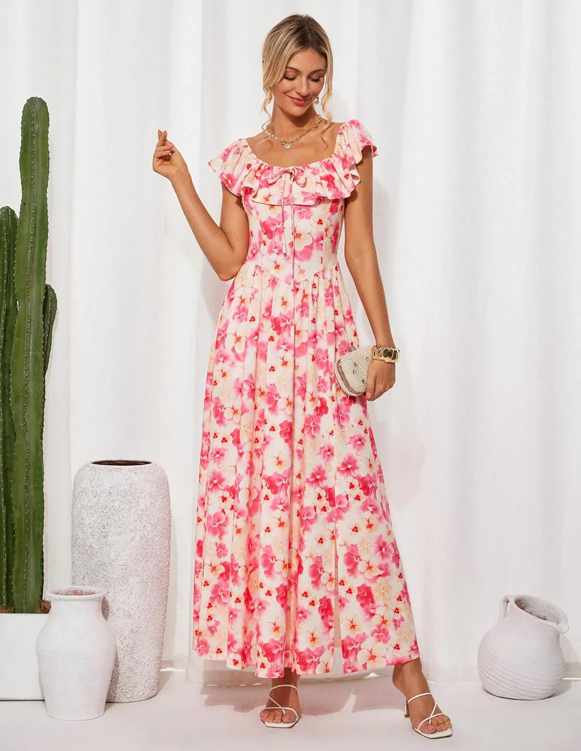 GRACE KARIN 2025 Womens Maxi Dresses Summer Off Shoulder Floral Dress Ruffle Split Beach Flowy Boho Wedding Guest Dress