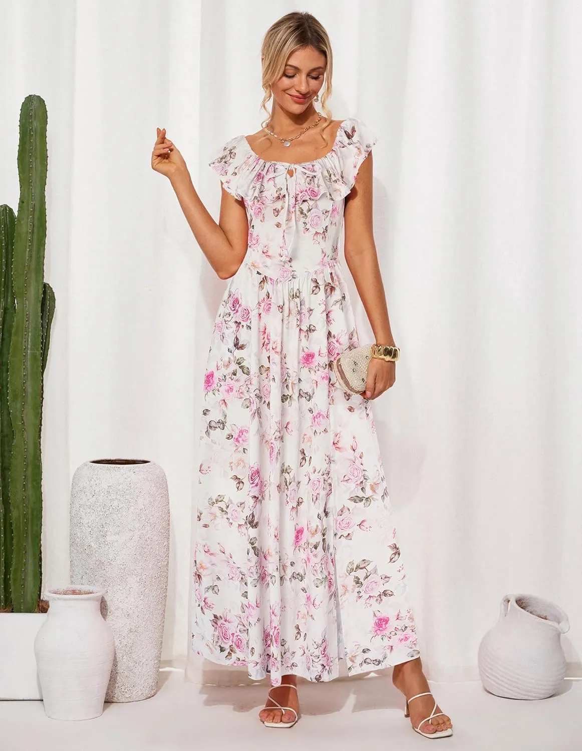GRACE KARIN 2025 Womens Maxi Dresses Summer Off Shoulder Floral Dress Ruffle Split Beach Flowy Boho Wedding Guest Dress