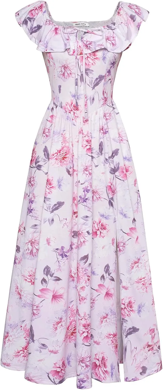 GRACE KARIN 2025 Womens Maxi Dresses Summer Off Shoulder Floral Dress Ruffle Split Beach Flowy Boho Wedding Guest Dress