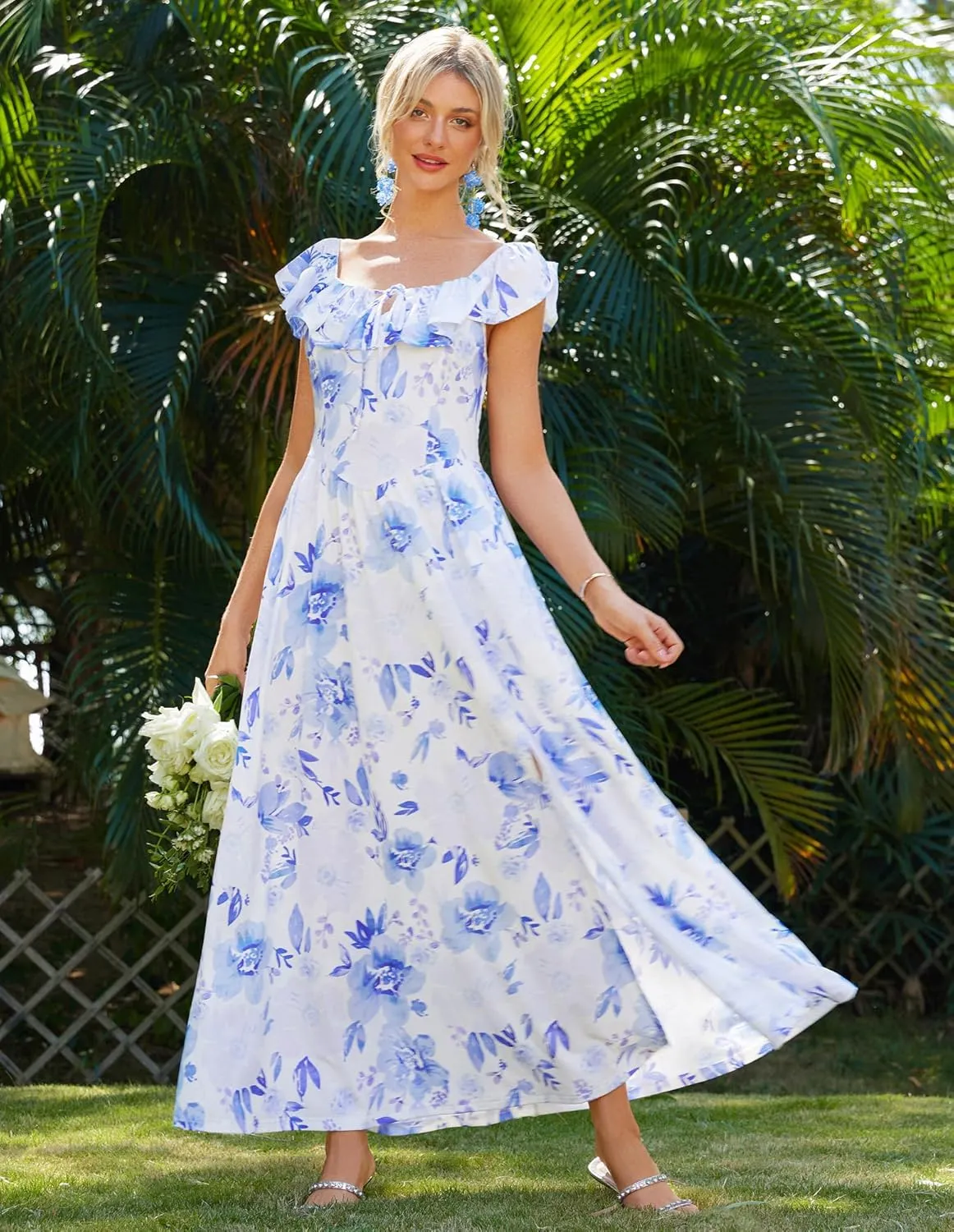 GRACE KARIN 2025 Womens Maxi Dresses Summer Off Shoulder Floral Dress Ruffle Split Beach Flowy Boho Wedding Guest Dress