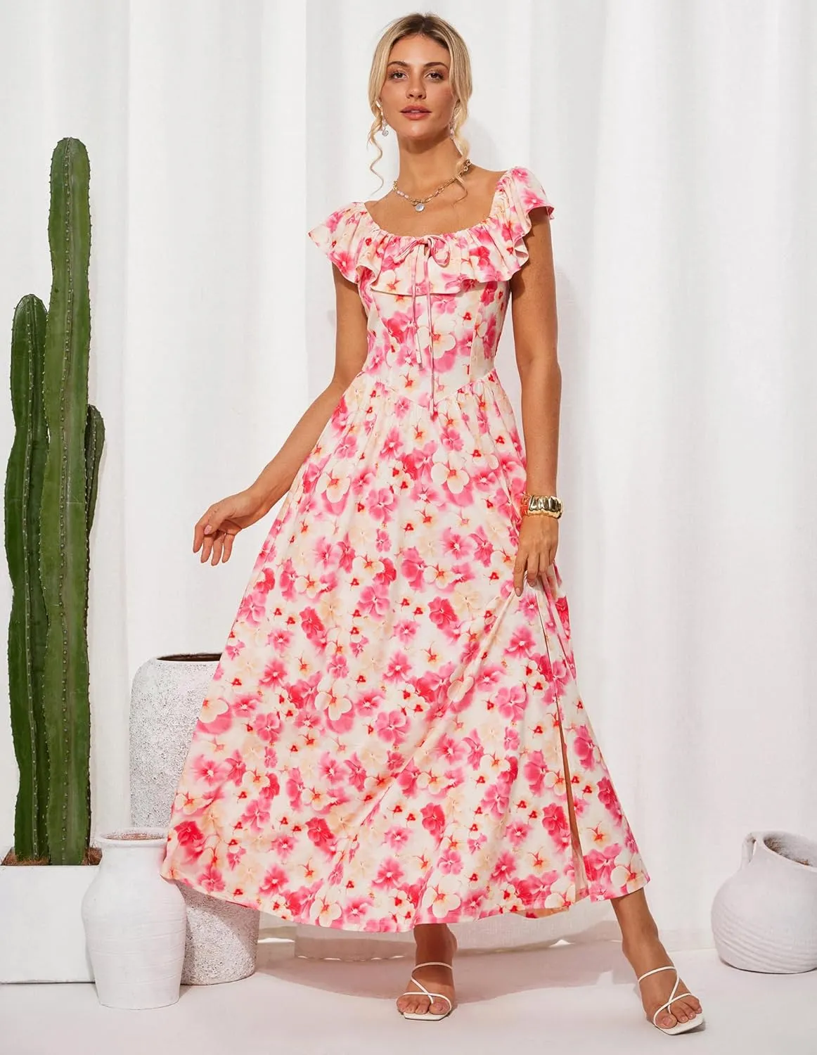 GRACE KARIN 2025 Womens Maxi Dresses Summer Off Shoulder Floral Dress Ruffle Split Beach Flowy Boho Wedding Guest Dress