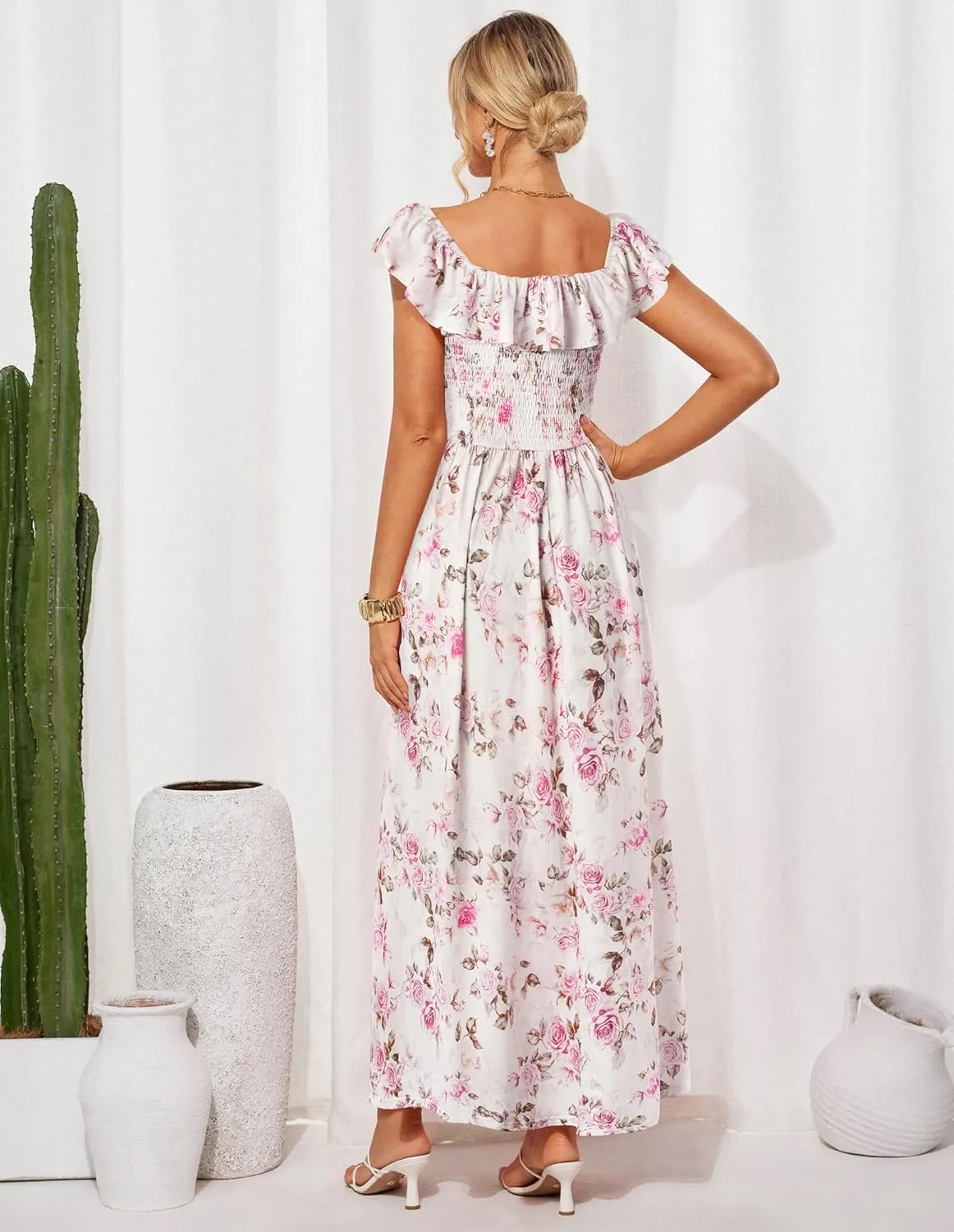 GRACE KARIN 2025 Womens Maxi Dresses Summer Off Shoulder Floral Dress Ruffle Split Beach Flowy Boho Wedding Guest Dress