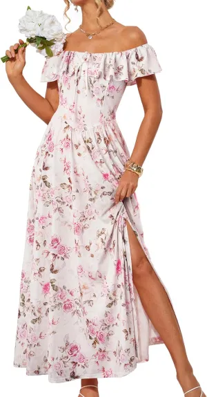 GRACE KARIN 2025 Womens Maxi Dresses Summer Off Shoulder Floral Dress Ruffle Split Beach Flowy Boho Wedding Guest Dress