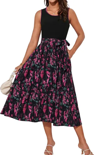 GRACE KARIN Womens 2025 Summer Dresses Scoop Neck Sleeveless Tank Dress Patchwork Boho Beach Midi Dress with Pockets