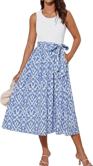GRACE KARIN Womens 2025 Summer Dresses Scoop Neck Sleeveless Tank Dress Patchwork Boho Beach Midi Dress with Pockets