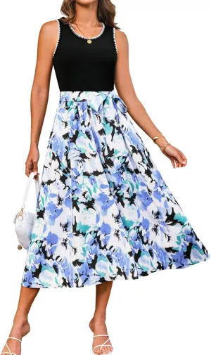 GRACE KARIN Womens 2025 Summer Dresses Scoop Neck Sleeveless Tank Dress Patchwork Boho Beach Midi Dress with Pockets