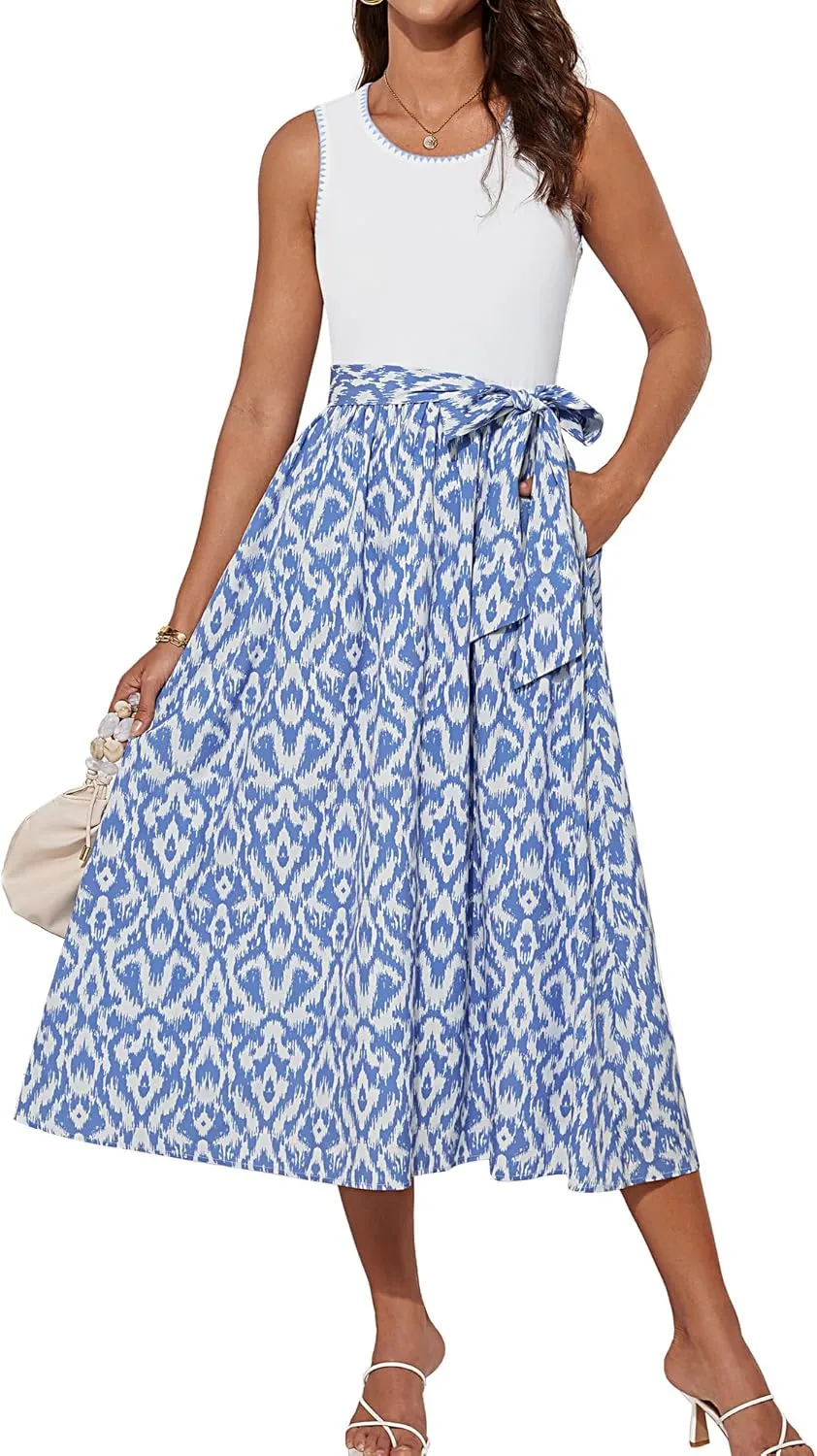GRACE KARIN Womens 2025 Summer Dresses Scoop Neck Sleeveless Tank Dress Patchwork Boho Beach Midi Dress with Pockets