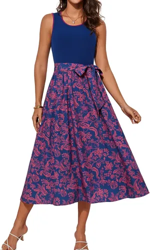 GRACE KARIN Womens 2025 Summer Dresses Scoop Neck Sleeveless Tank Dress Patchwork Boho Beach Midi Dress with Pockets