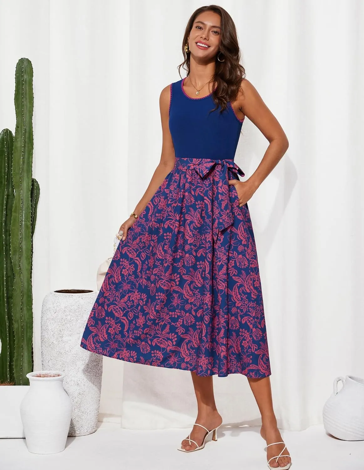 GRACE KARIN Womens 2025 Summer Dresses Scoop Neck Sleeveless Tank Dress Patchwork Boho Beach Midi Dress with Pockets