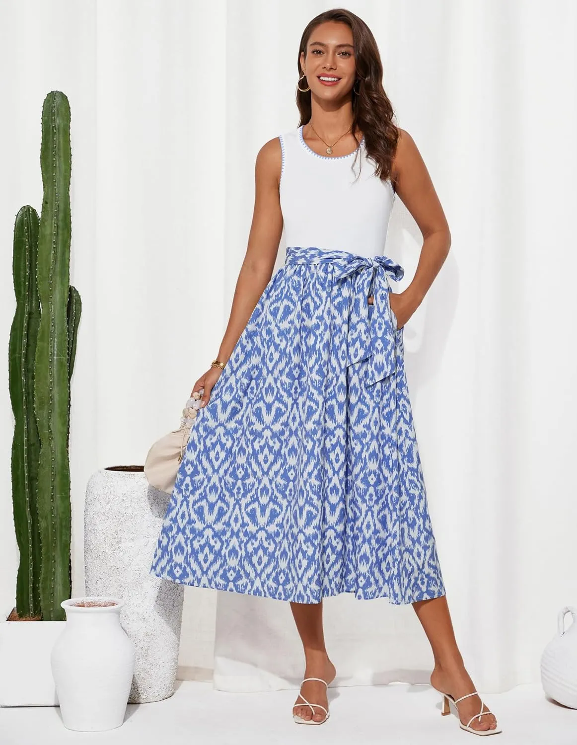 GRACE KARIN Womens 2025 Summer Dresses Scoop Neck Sleeveless Tank Dress Patchwork Boho Beach Midi Dress with Pockets