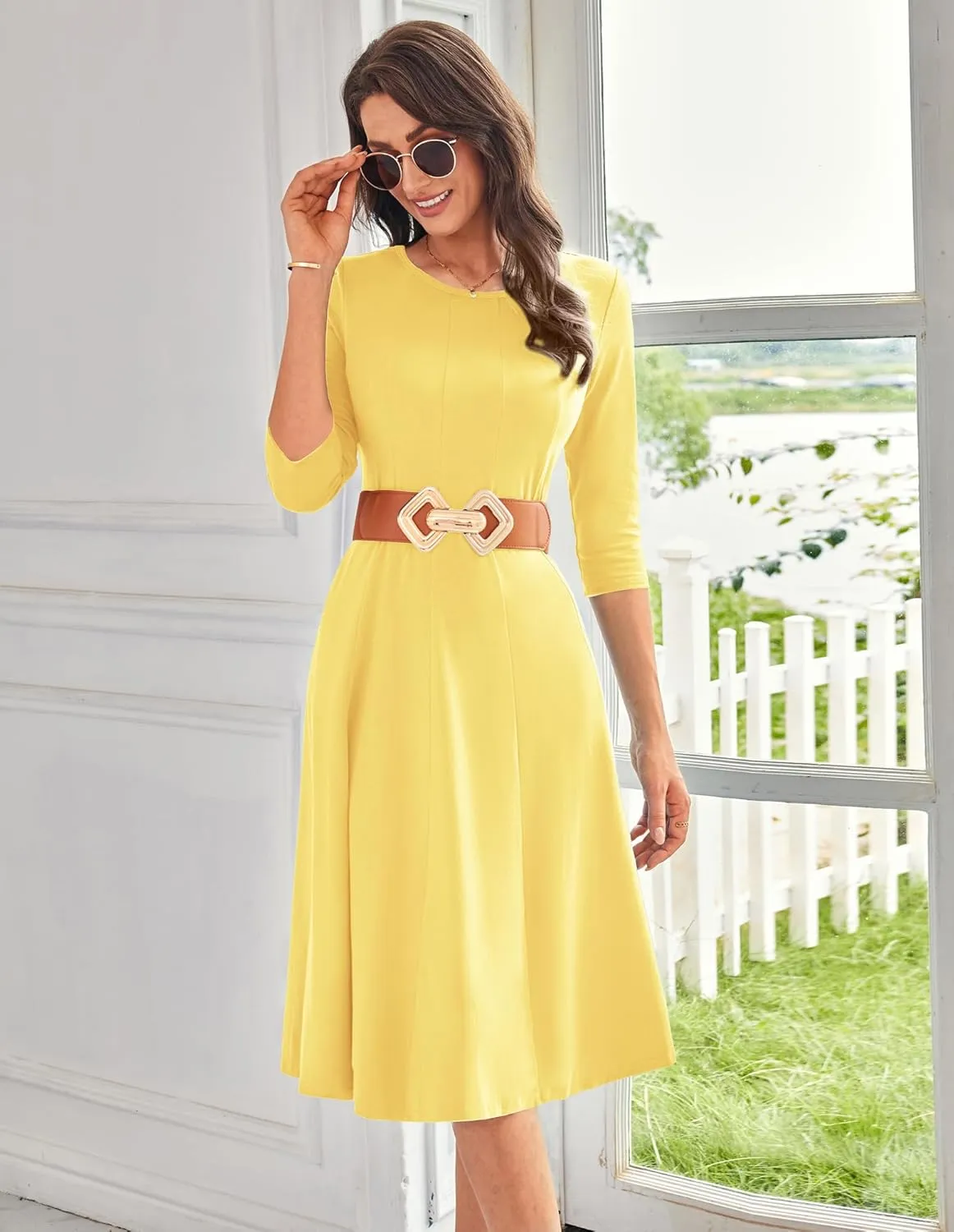 GRACE KARIN Womens 2025 Trendy Dresses Crew Neck 3/4 Sleeve A Line Loose Casual Midi Dress with Pockets