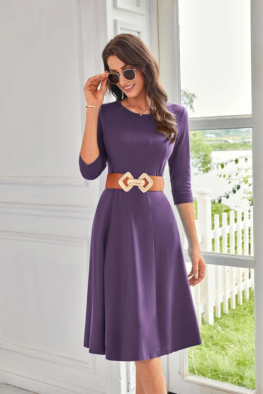 GRACE KARIN Womens 2025 Trendy Dresses Crew Neck 3/4 Sleeve A Line Loose Casual Midi Dress with Pockets