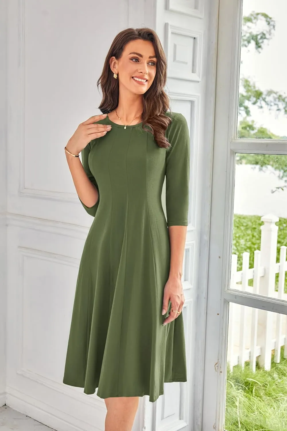 GRACE KARIN Womens 2025 Trendy Dresses Crew Neck 3/4 Sleeve A Line Loose Casual Midi Dress with Pockets