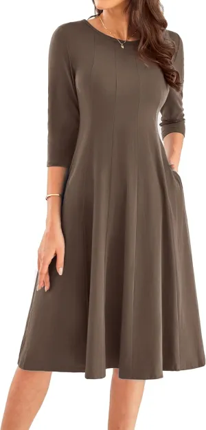 GRACE KARIN Womens 2025 Trendy Dresses Crew Neck 3/4 Sleeve A Line Loose Casual Midi Dress with Pockets