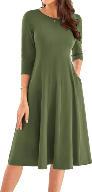 GRACE KARIN Womens 2025 Trendy Dresses Crew Neck 3/4 Sleeve A Line Loose Casual Midi Dress with Pockets