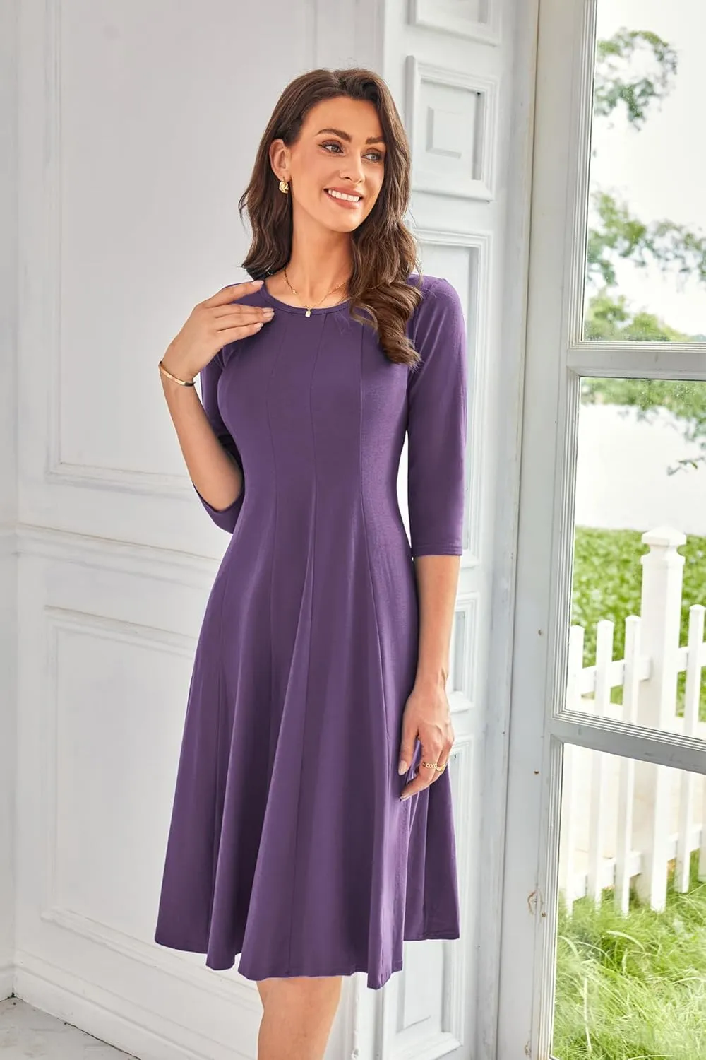 GRACE KARIN Womens 2025 Trendy Dresses Crew Neck 3/4 Sleeve A Line Loose Casual Midi Dress with Pockets