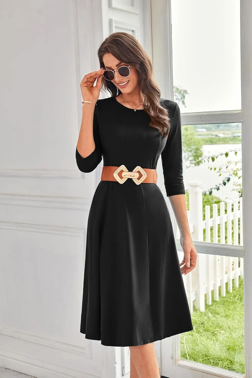 GRACE KARIN Womens 2025 Trendy Dresses Crew Neck 3/4 Sleeve A Line Loose Casual Midi Dress with Pockets