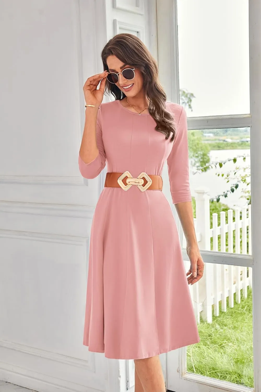 GRACE KARIN Womens 2025 Trendy Dresses Crew Neck 3/4 Sleeve A Line Loose Casual Midi Dress with Pockets
