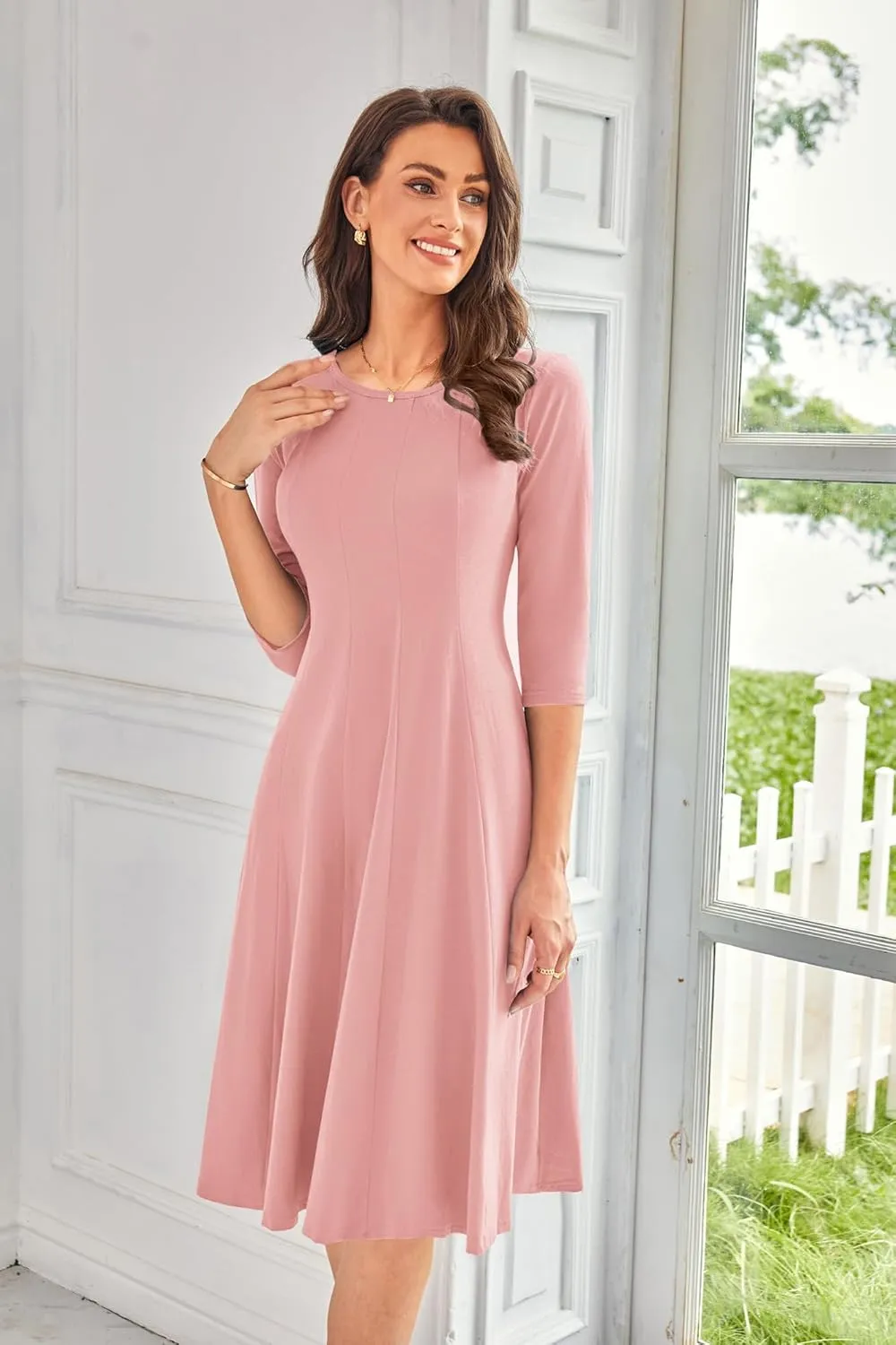 GRACE KARIN Womens 2025 Trendy Dresses Crew Neck 3/4 Sleeve A Line Loose Casual Midi Dress with Pockets