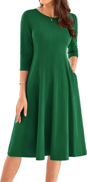 GRACE KARIN Womens 2025 Trendy Dresses Crew Neck 3/4 Sleeve A Line Loose Casual Midi Dress with Pockets
