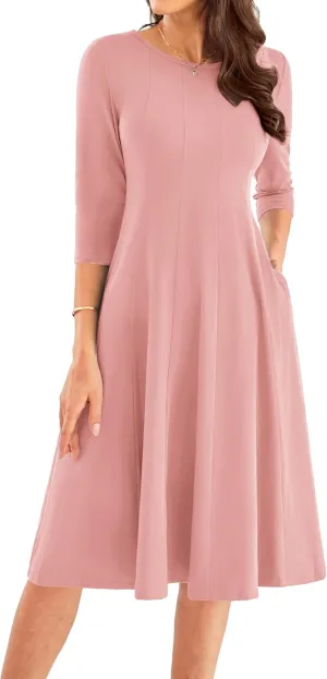 GRACE KARIN Womens 2025 Trendy Dresses Crew Neck 3/4 Sleeve A Line Loose Casual Midi Dress with Pockets