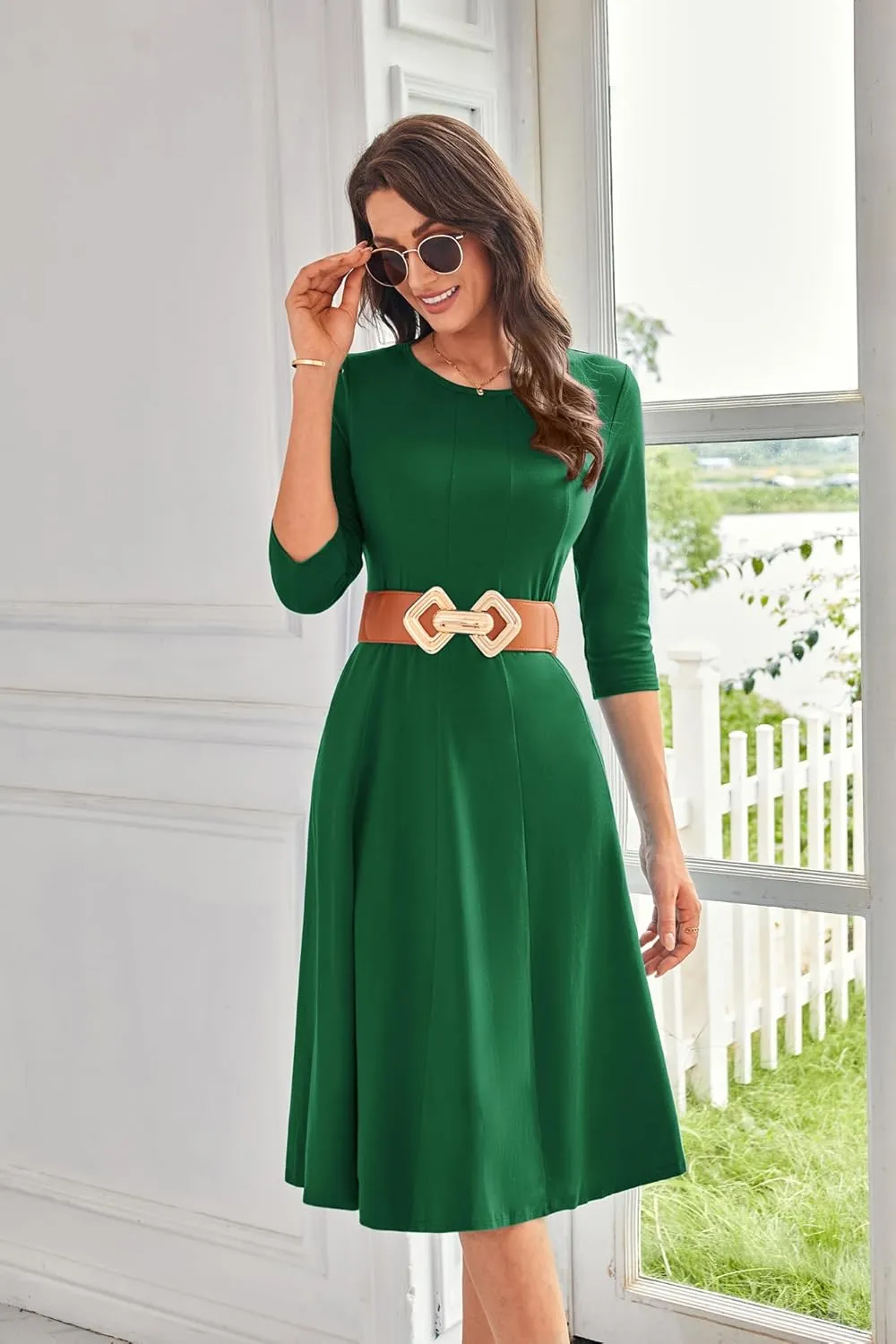 GRACE KARIN Womens 2025 Trendy Dresses Crew Neck 3/4 Sleeve A Line Loose Casual Midi Dress with Pockets