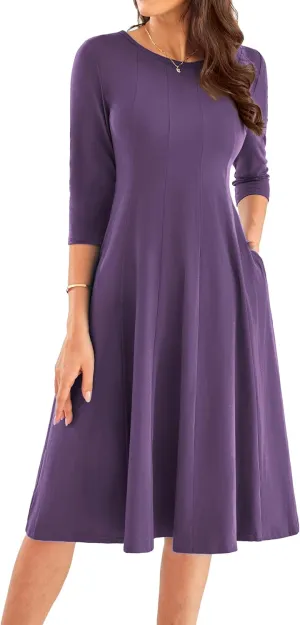 GRACE KARIN Womens 2025 Trendy Dresses Crew Neck 3/4 Sleeve A Line Loose Casual Midi Dress with Pockets