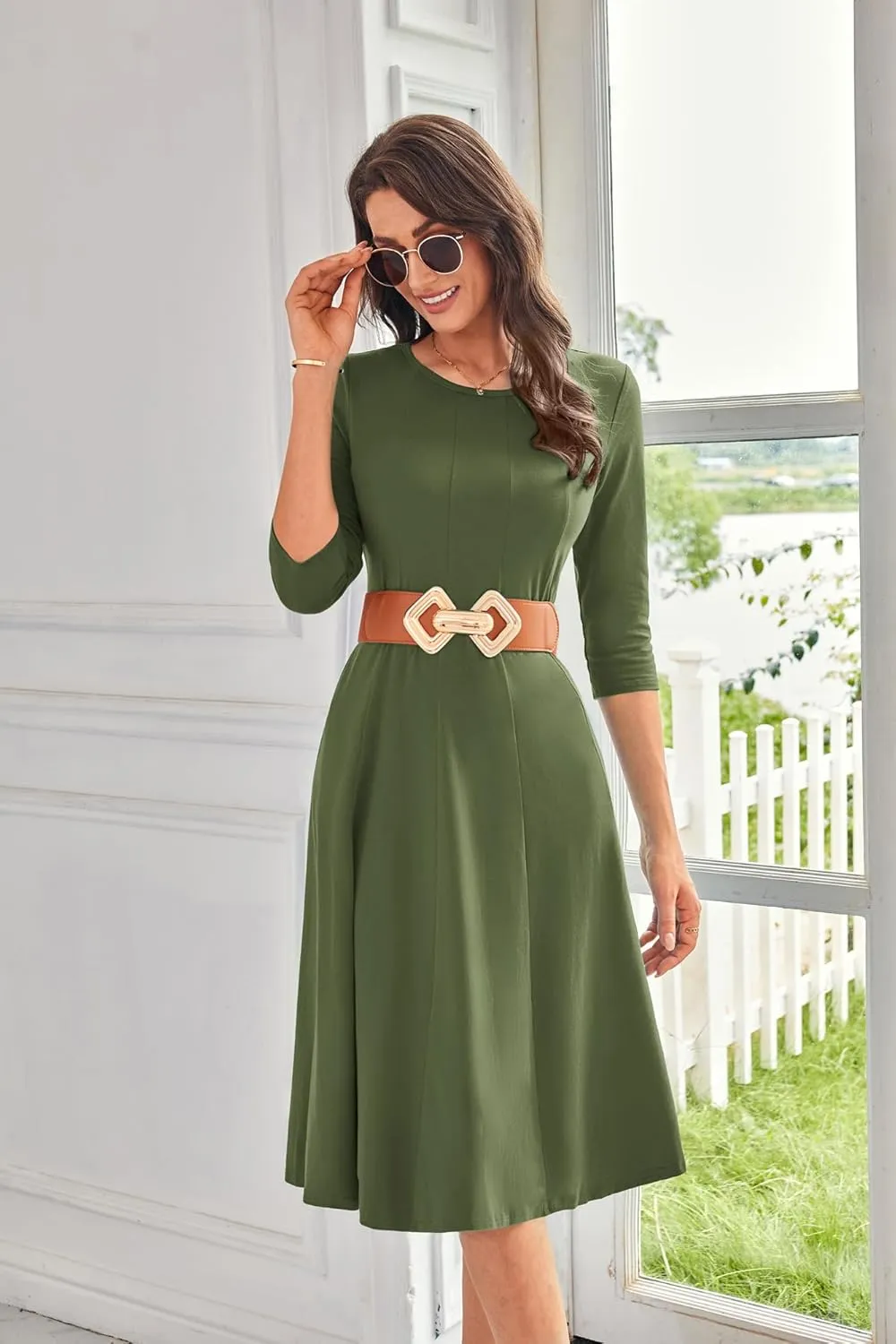 GRACE KARIN Womens 2025 Trendy Dresses Crew Neck 3/4 Sleeve A Line Loose Casual Midi Dress with Pockets
