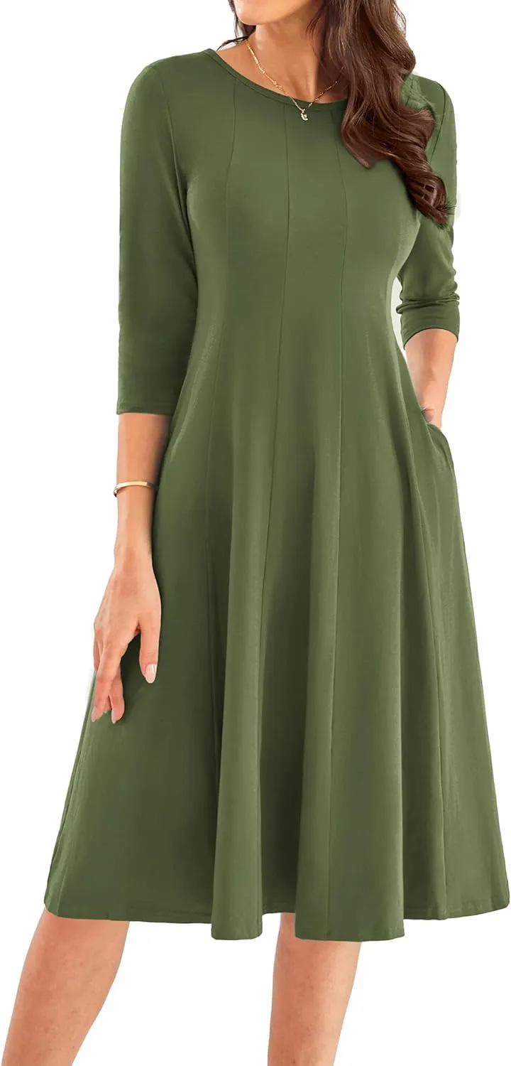GRACE KARIN Womens 2025 Trendy Dresses Crew Neck 3/4 Sleeve A Line Loose Casual Midi Dress with Pockets