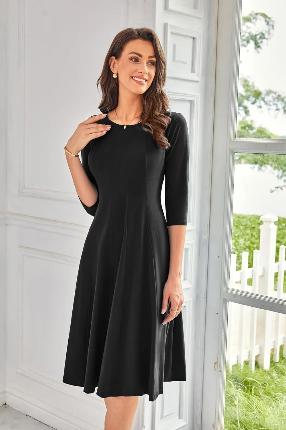 GRACE KARIN Womens 2025 Trendy Dresses Crew Neck 3/4 Sleeve A Line Loose Casual Midi Dress with Pockets