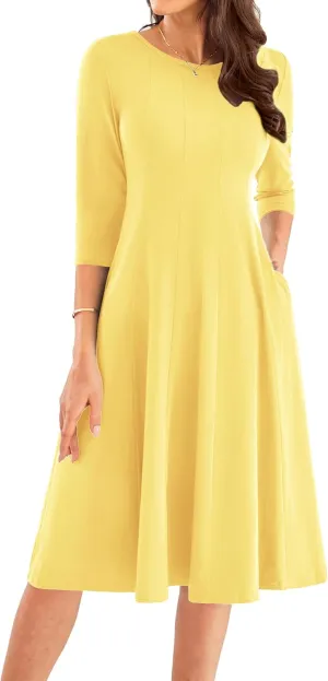 GRACE KARIN Womens 2025 Trendy Dresses Crew Neck 3/4 Sleeve A Line Loose Casual Midi Dress with Pockets