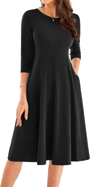 GRACE KARIN Womens 2025 Trendy Dresses Crew Neck 3/4 Sleeve A Line Loose Casual Midi Dress with Pockets