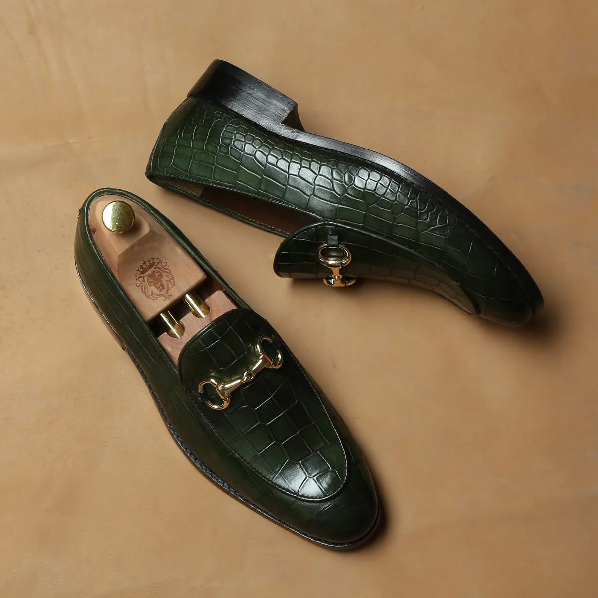 Green Full Deep Cut Leather Loafer With Horse-bit Buckle