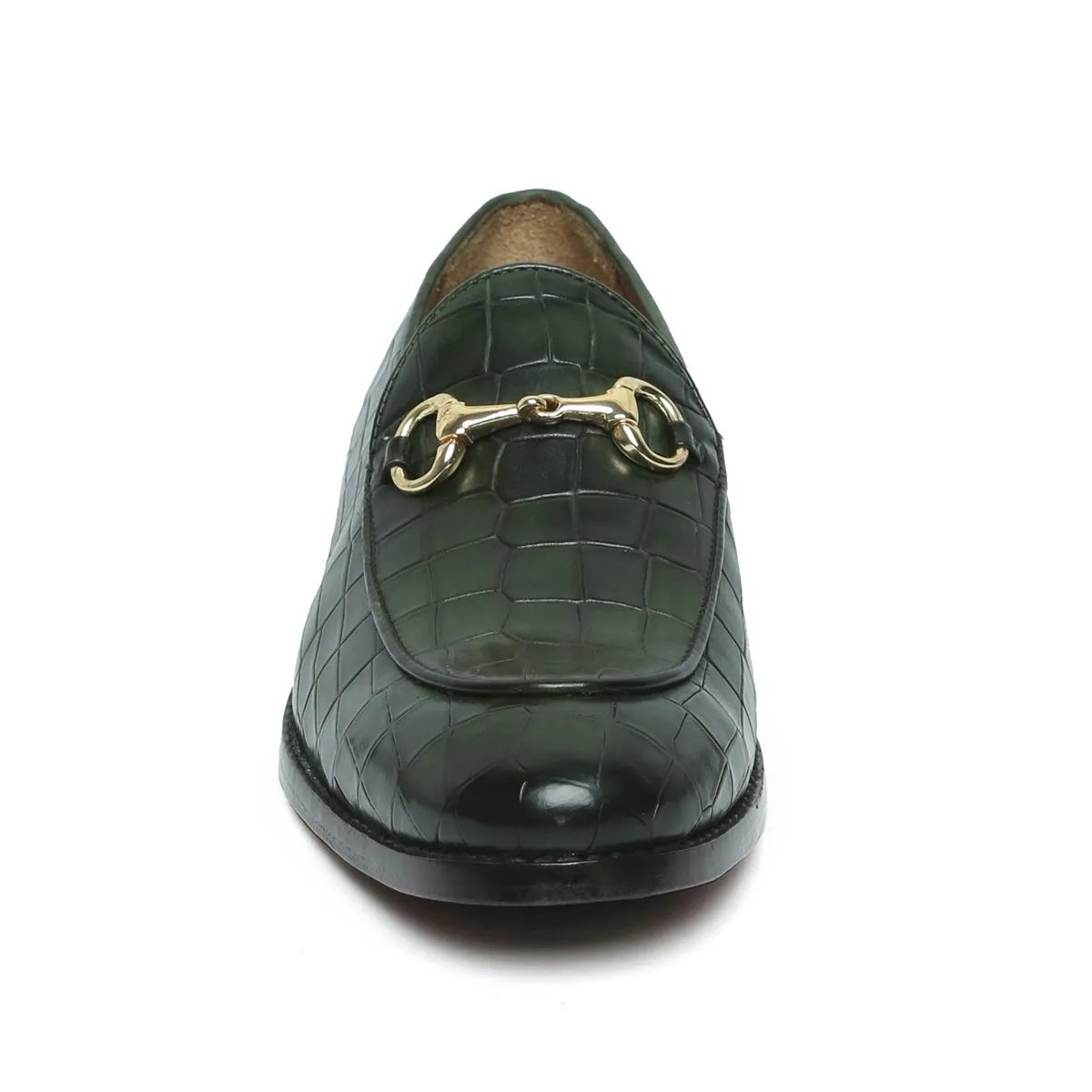 Green Full Deep Cut Leather Loafer With Horse-bit Buckle