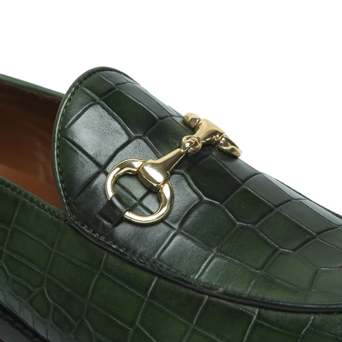 Green Full Deep Cut Leather Loafer With Horse-bit Buckle