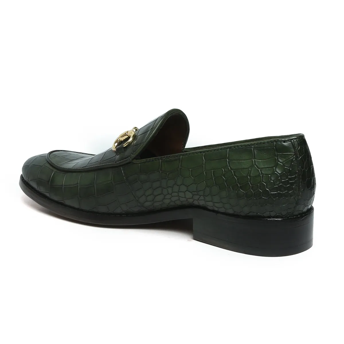 Green Full Deep Cut Leather Loafer With Horse-bit Buckle