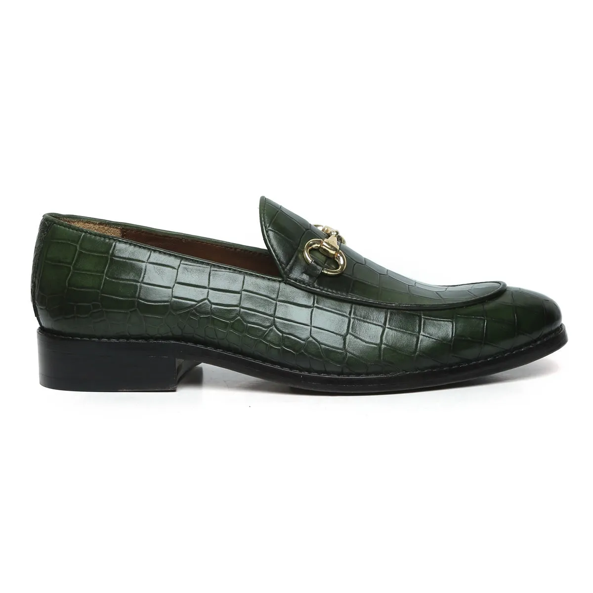Green Full Deep Cut Leather Loafer With Horse-bit Buckle