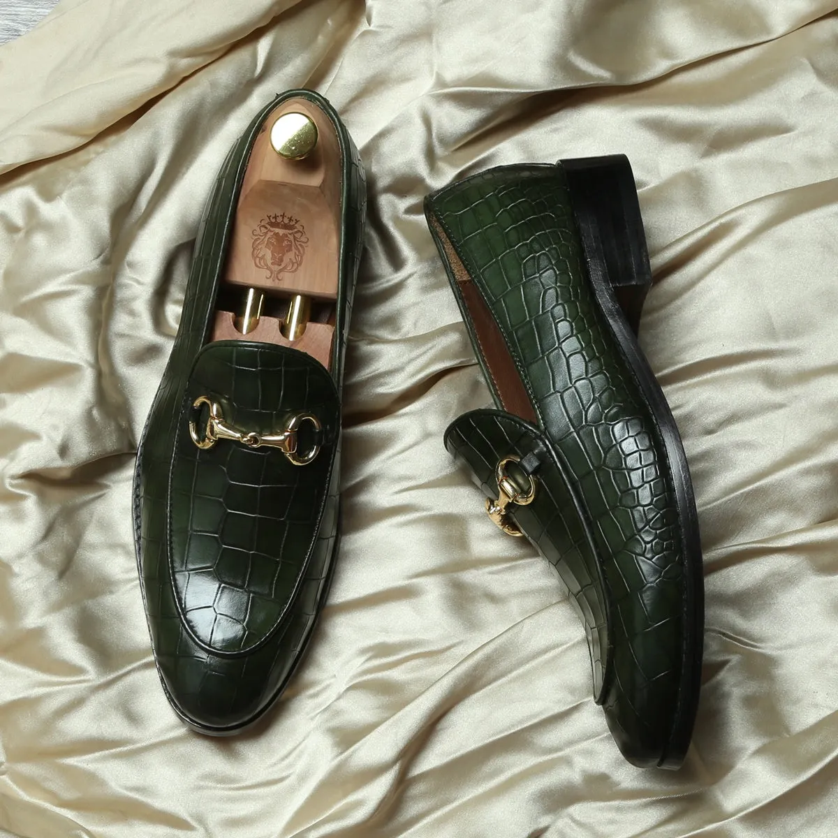 Green Full Deep Cut Leather Loafer With Horse-bit Buckle
