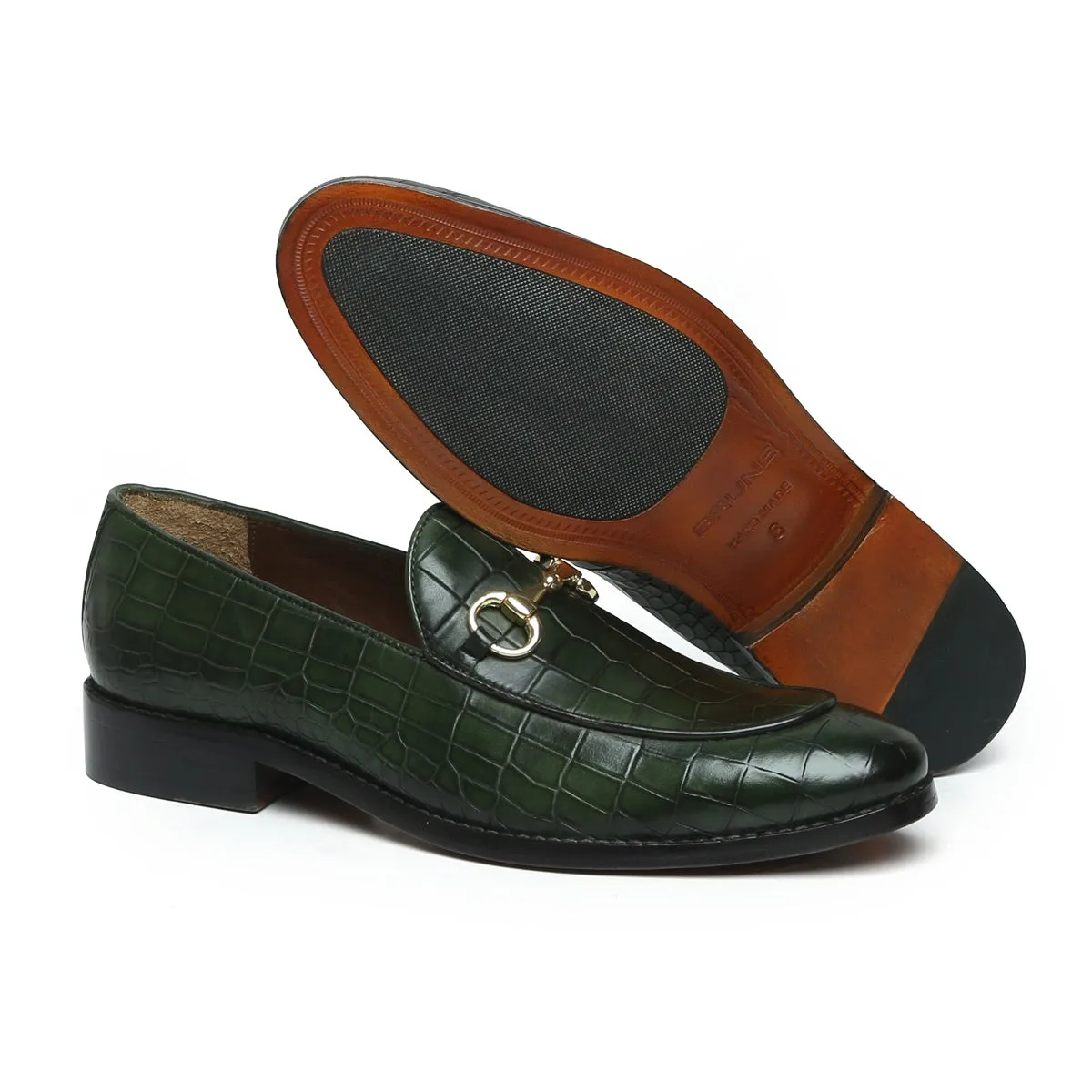 Green Full Deep Cut Leather Loafer With Horse-bit Buckle
