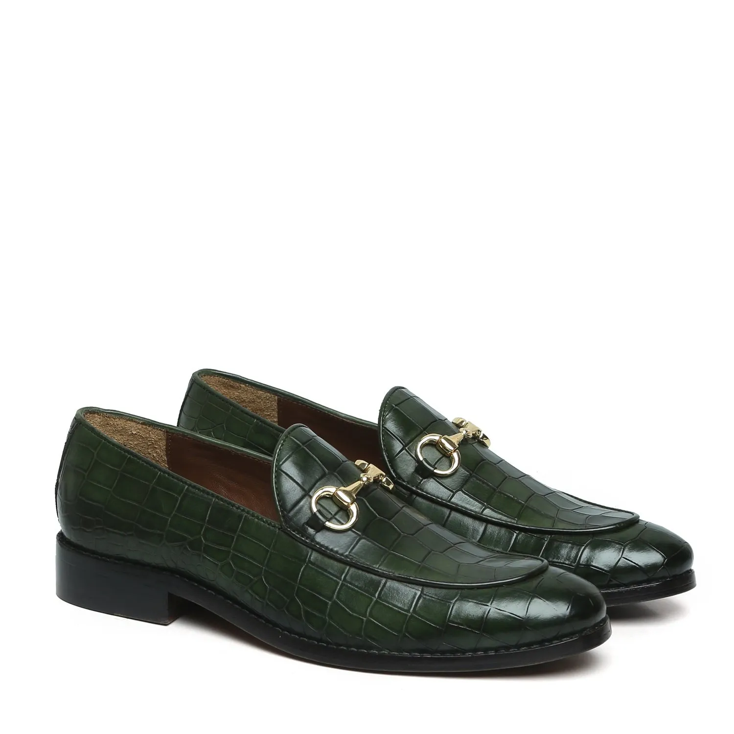Green Full Deep Cut Leather Loafer With Horse-bit Buckle